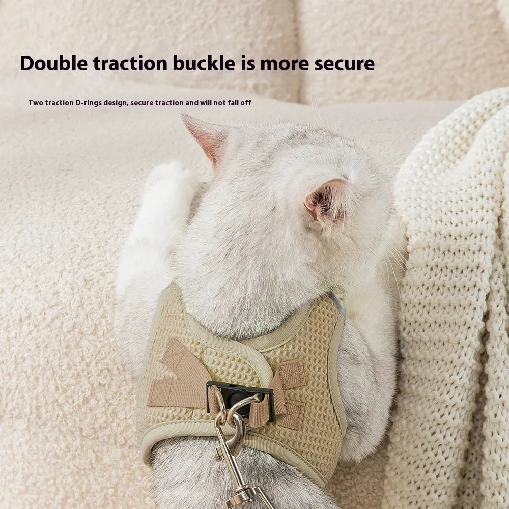 Brown waffle cloth cat harness with chest strap and matching hand holding rope