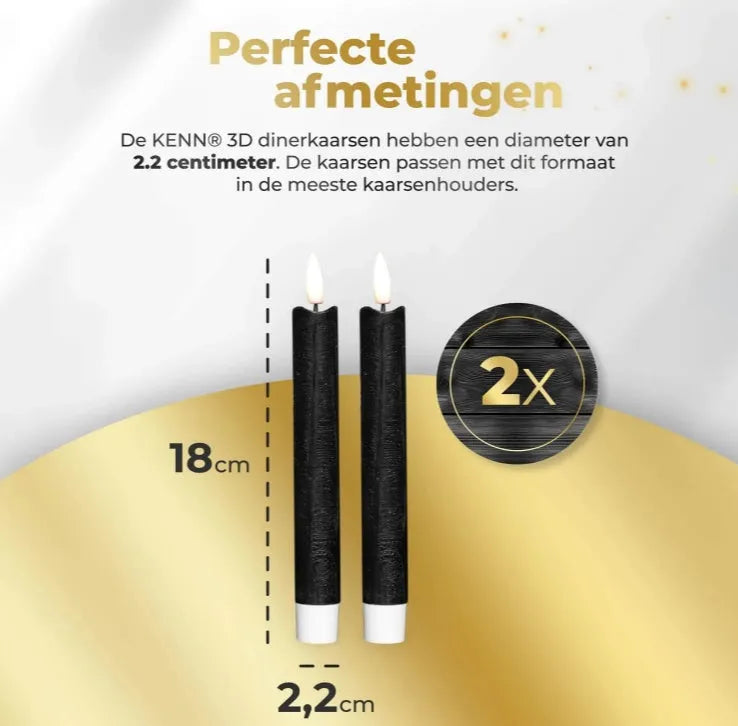 Black flameless LED taper candle with realistic 3D flickering flame effect.