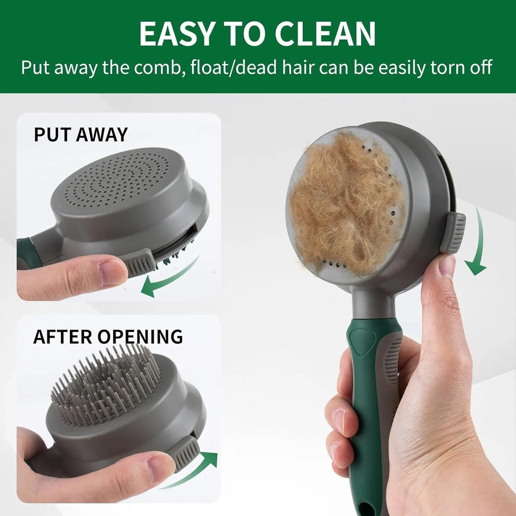 Green and pink dual-sided cat and dog brush with slicker comb and silicone massage head.