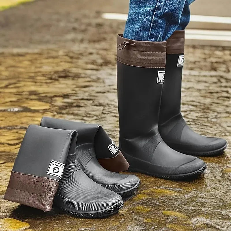 Pair of non-slip rain boots with plastic upper, leather stitching, flat heel and round toe, sizes 36-44