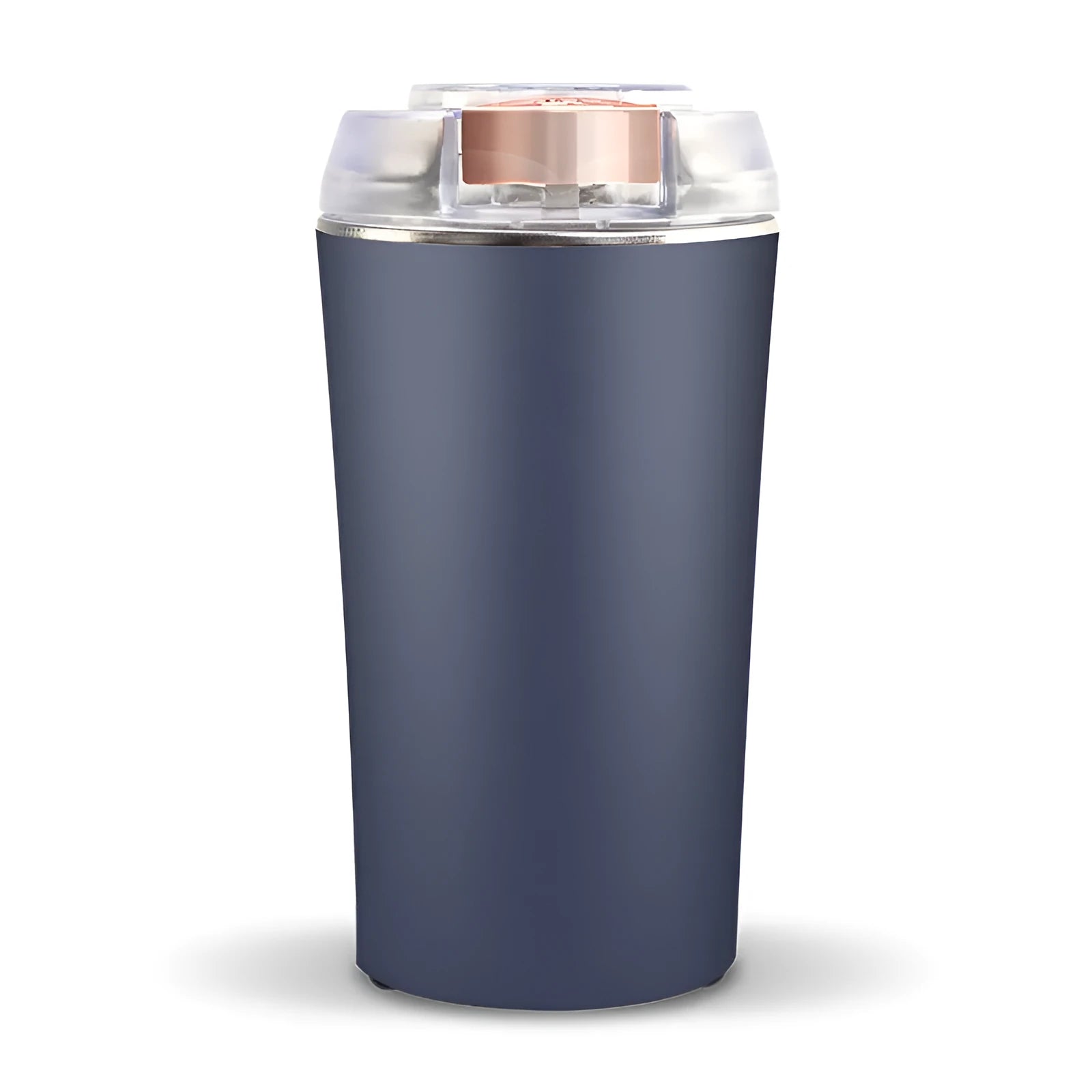 Blue mini flour mill and grinder with stainless steel construction on a kitchen counter.