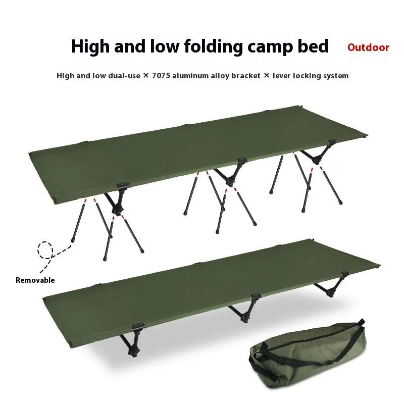 Steel frame portable folding bed in khaki colour with storage bag and components