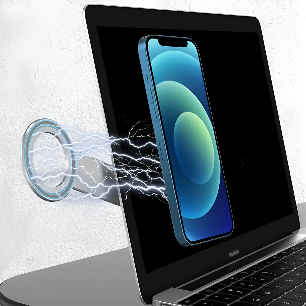 Metallic silver aluminium alloy mobile phone holder for Apple iPhone on a desk
