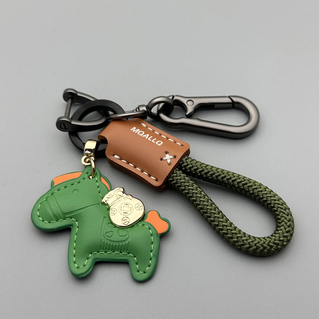 Handmade zinc alloy pony belt buckle keychain pendant on a flanelle rope loop.