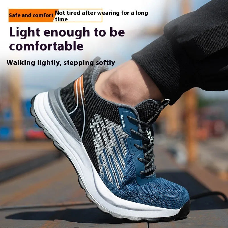Blue men's safety work shoes with mesh upper, plastic toe cap, and lace fastening.