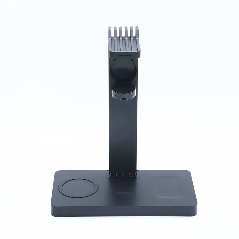 Black multi-function wireless charging station with phone, watch, and headset bracket and LED indicator