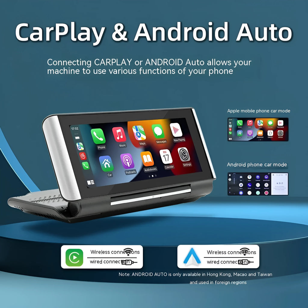 6.86 inch black car MP5 player dashboard screen with Wireless CarPlay and reversing camera input ports.