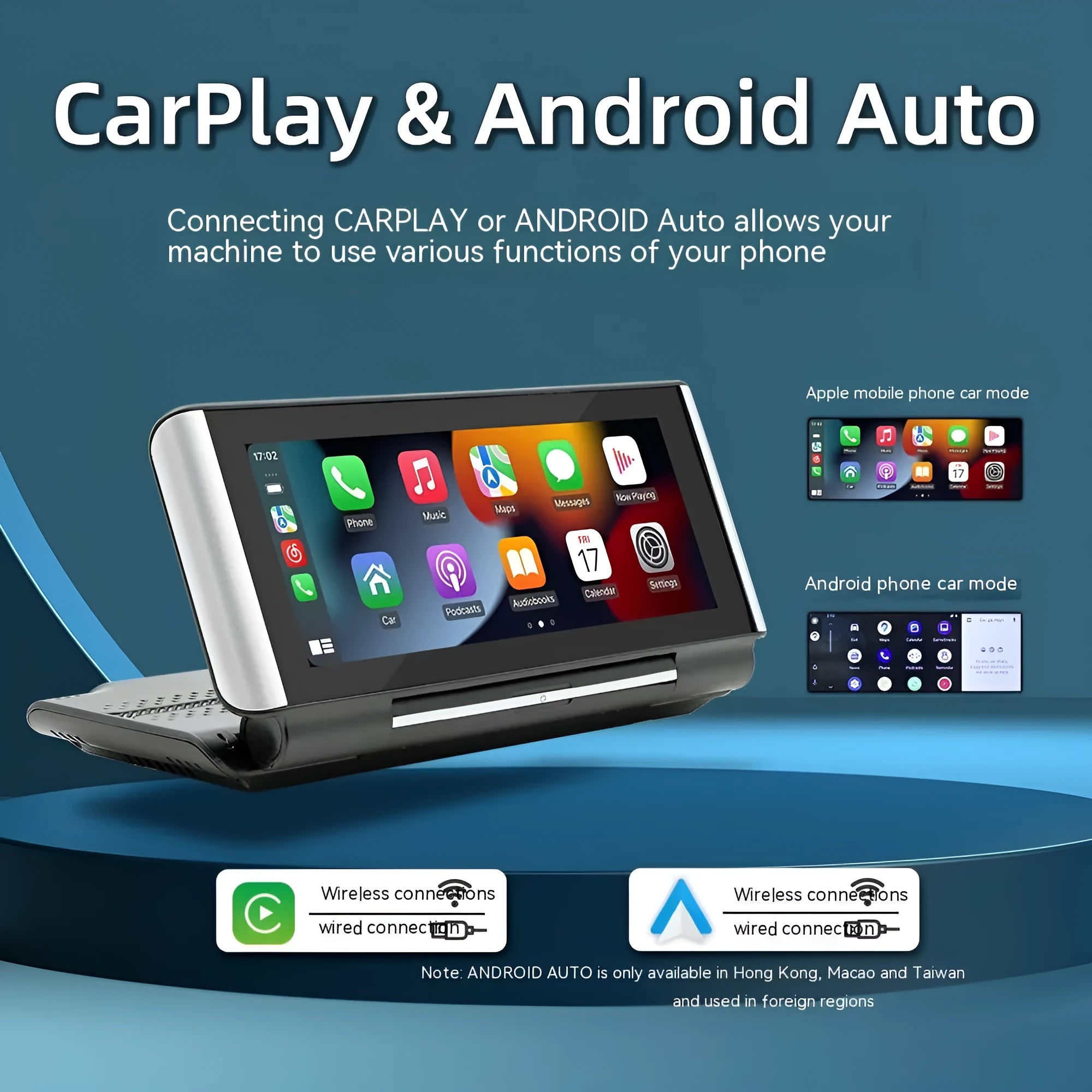 6.86 inch black car MP5 player dashboard screen with Wireless CarPlay and reversing camera input ports.