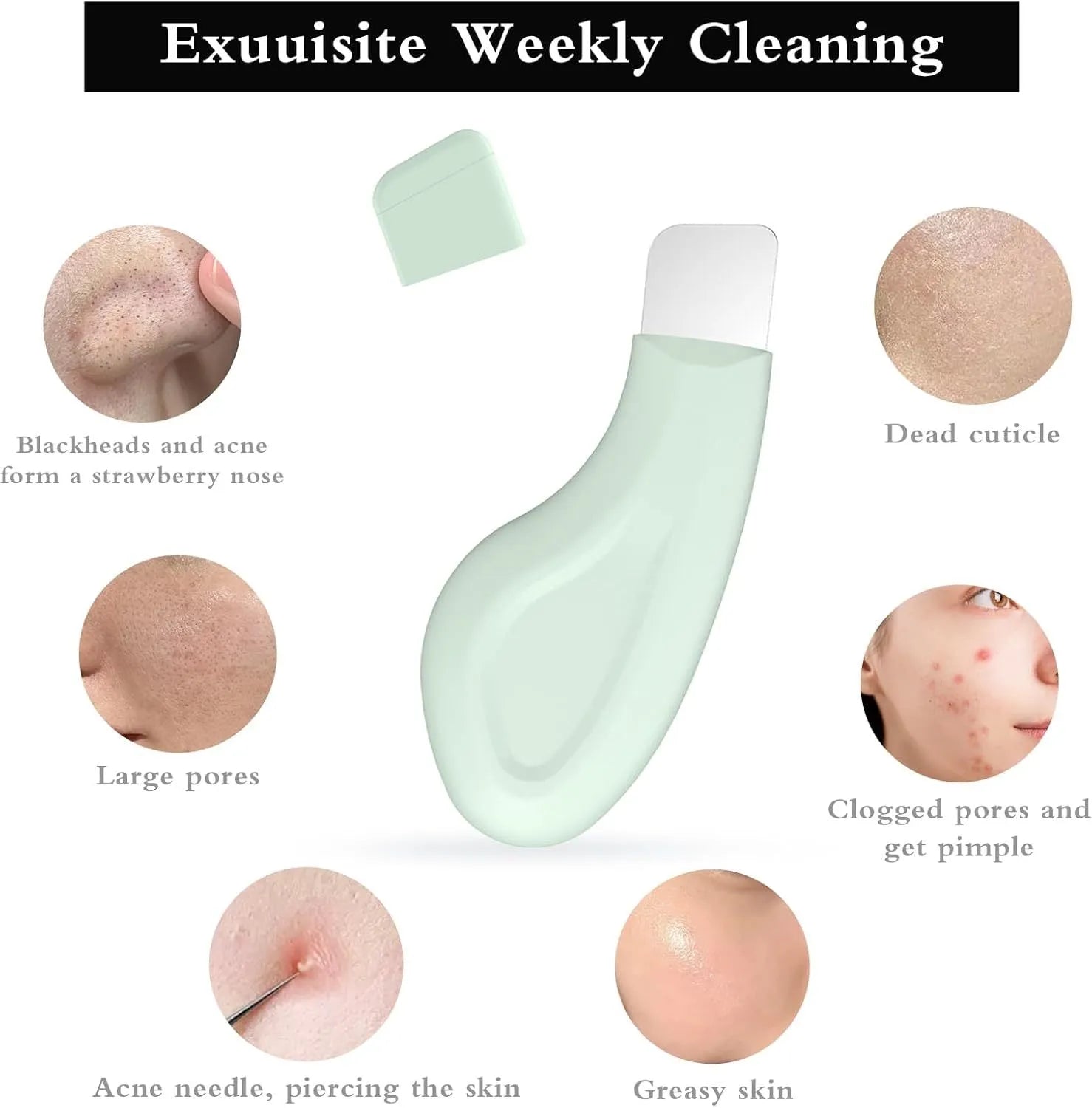 Stainless steel facial pore scraper tool with a green silicone non-slip handle on a white background.