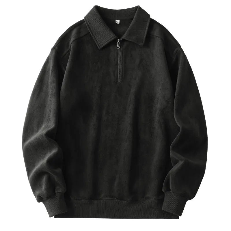 Men's fashion lapel half-zip fleece sweatshirt in black, long sleeves, hood, polyester cotton blend