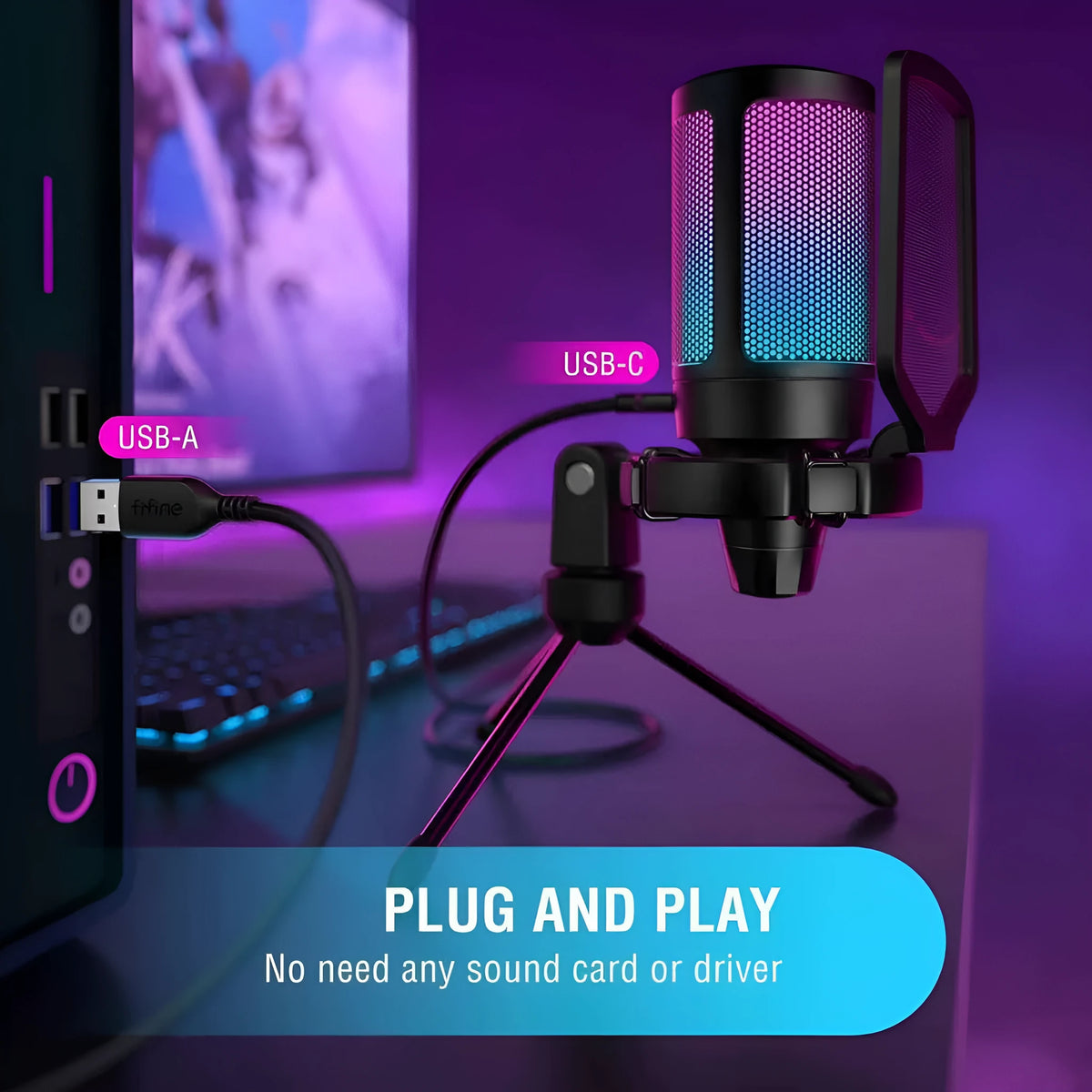Black USB condenser gaming microphone for PC, PS4, and PS5 with wireless connection and moving coil type