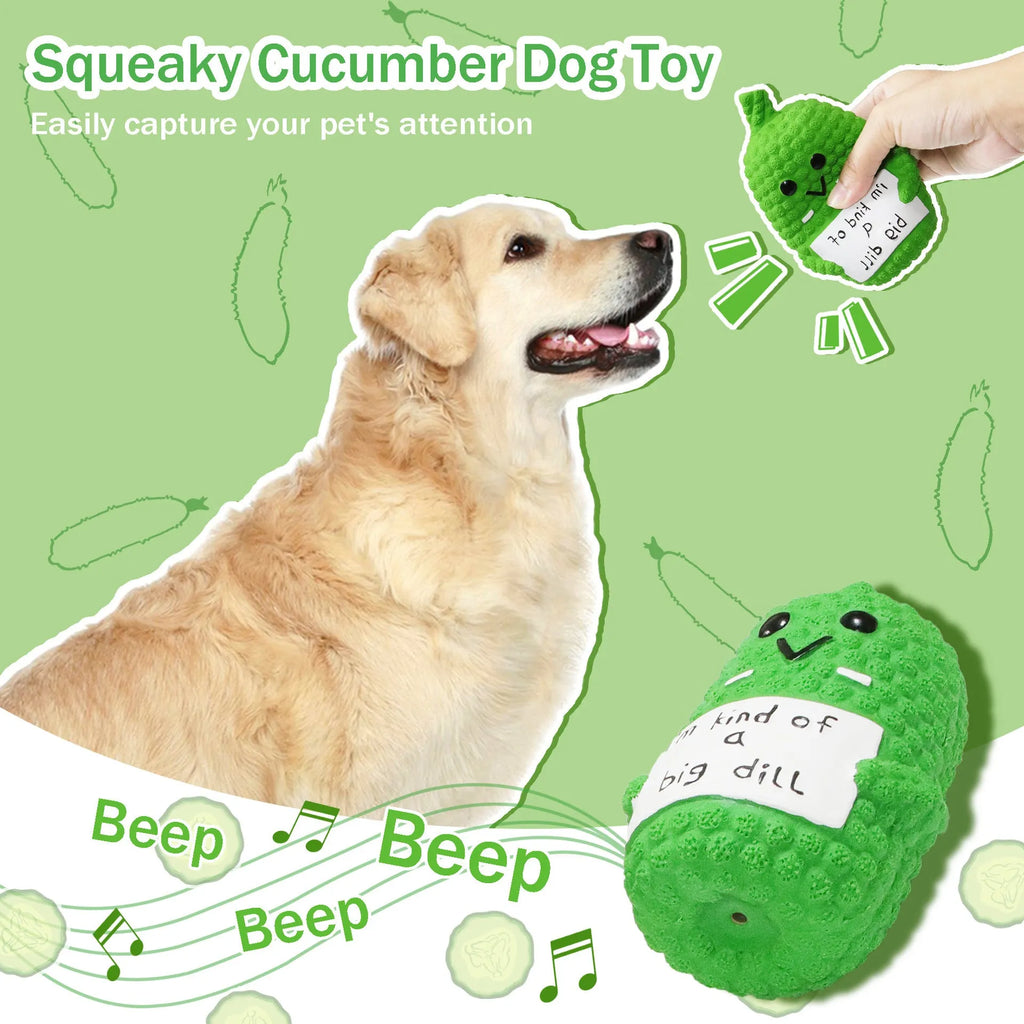 Green pickle-shaped squeaky dog chew toy with textured nubs on natural latex surface.