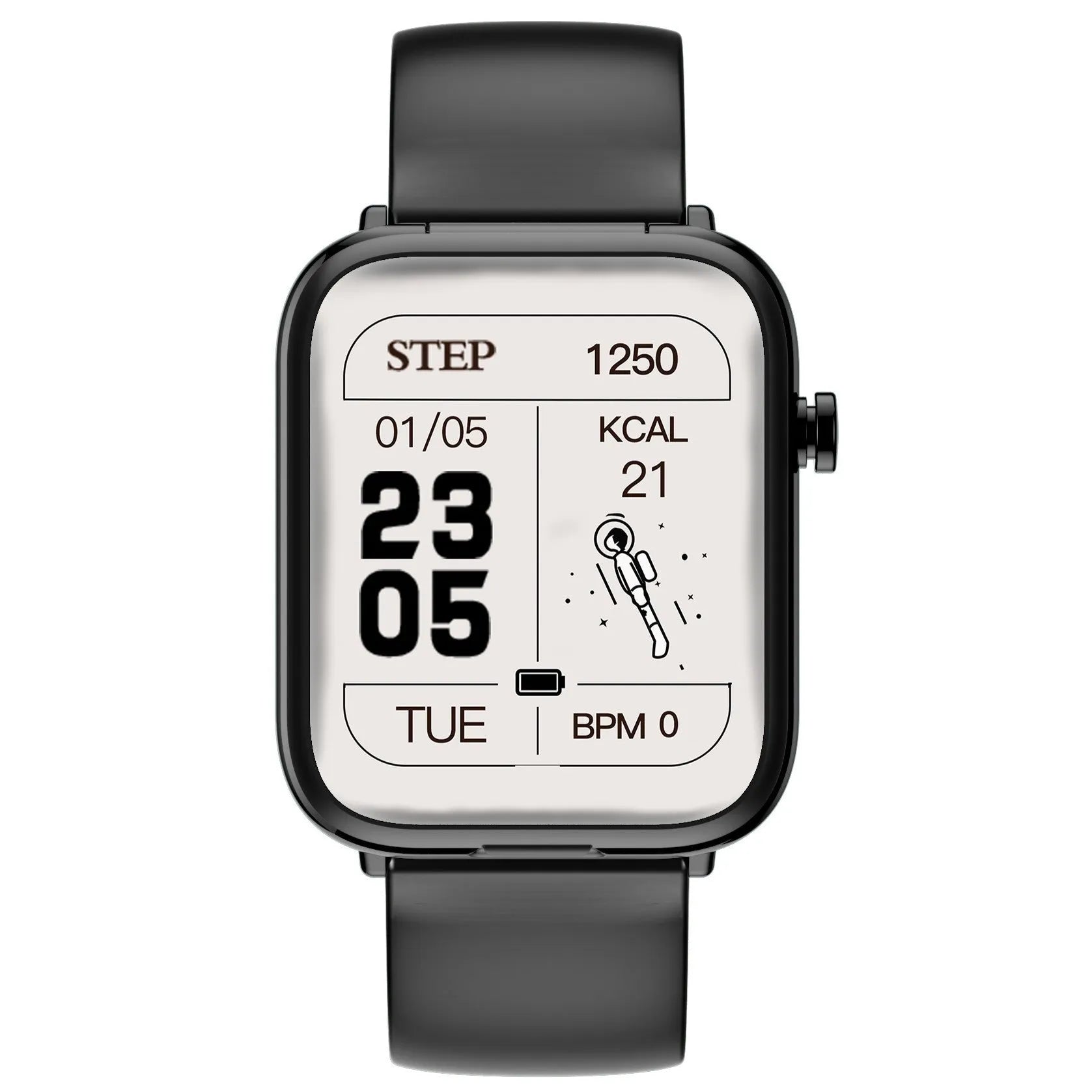 Black all-touch smart Bluetooth headset watch with separate wireless earbuds on a magnetic charging case.