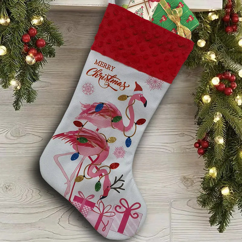 Flamingo cloth Christmas stocking pendant, 46 by 28 cm, in American holiday style.