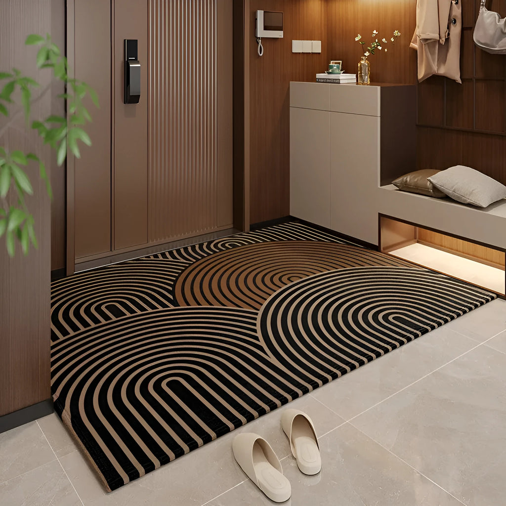 Polyester non-slip entrance door mat with geometric pattern in grey, placed on a tiled floor