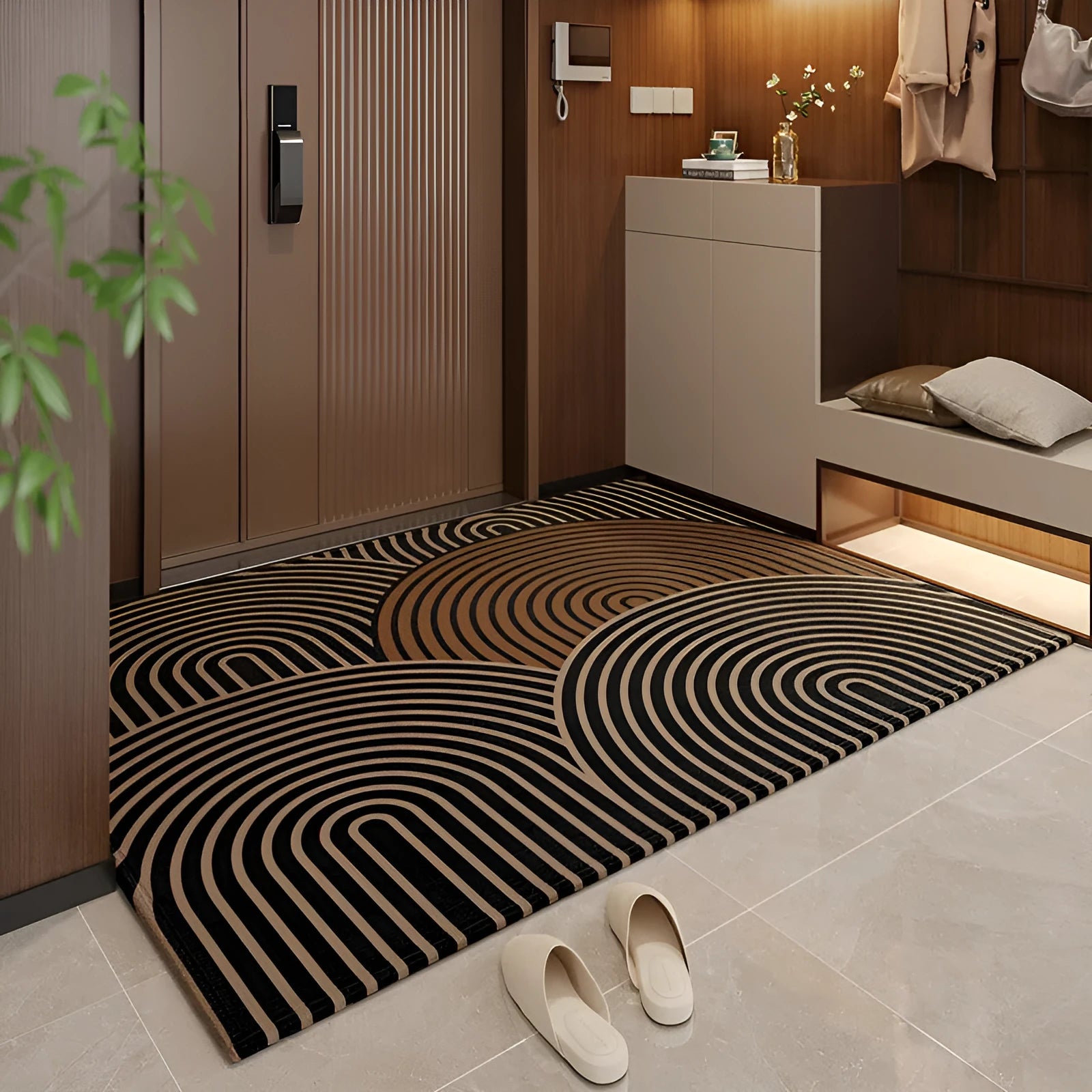 Polyester non-slip entrance door mat with geometric pattern in grey, placed on a tiled floor