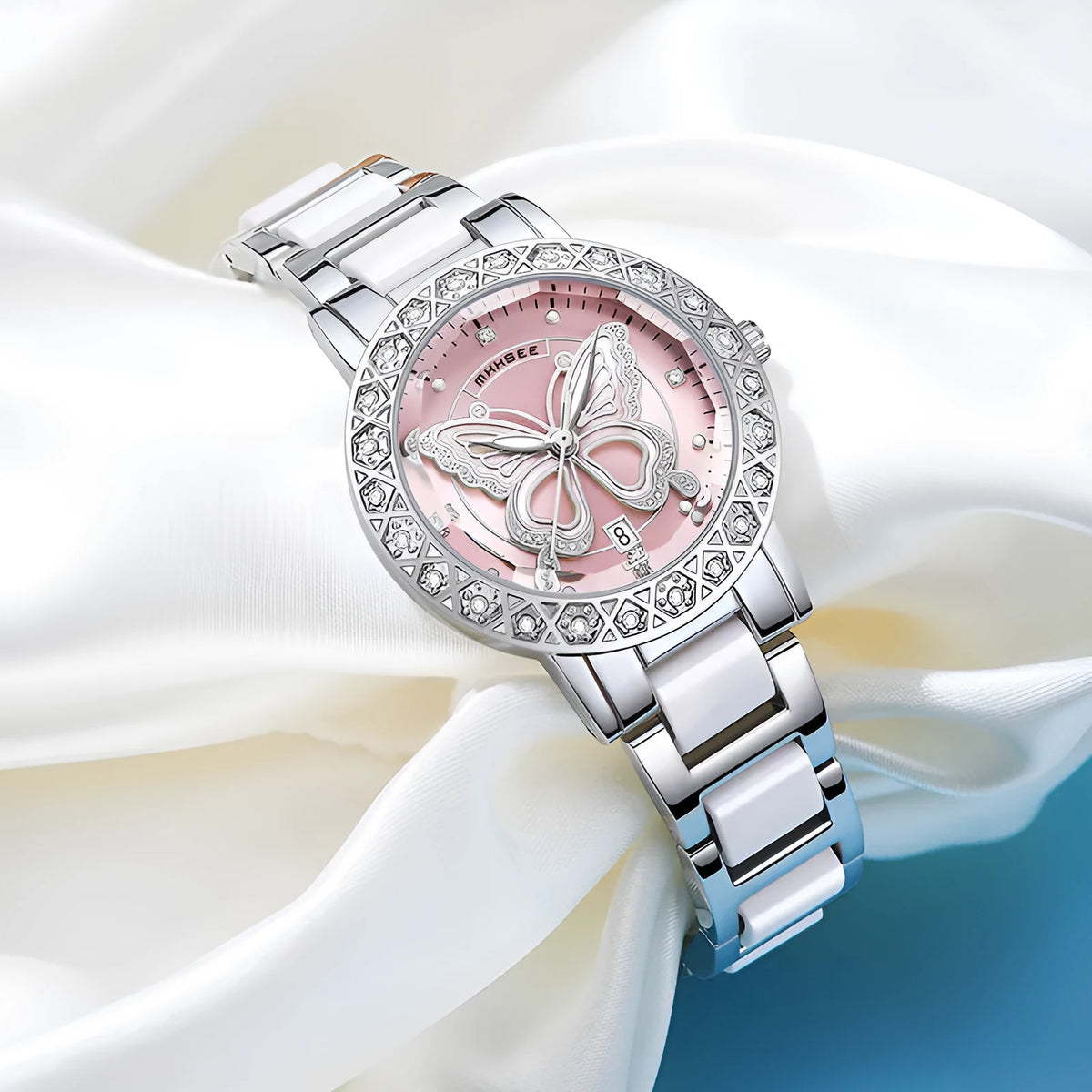 Butterfly diamond-encrusted women's watch with calendar and steel strap in pink dial