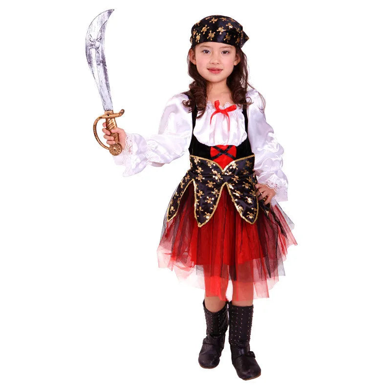 Children's pirate costume for girls with plaid pattern and spandex fabric in three sizes