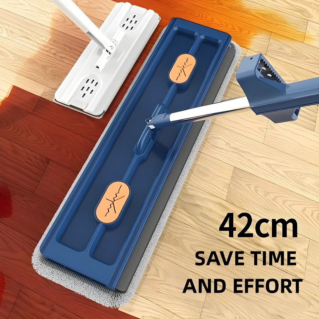 Large blue flat mop with rotating head and long stainless steel handle for hard floor cleaning