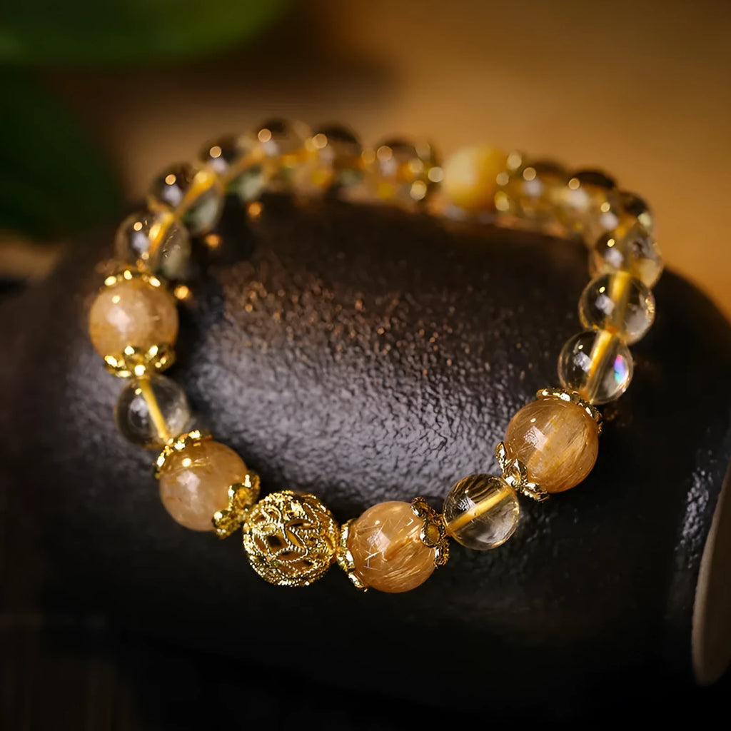 Adjustable retro-style citrine lucky bracelet for women with artificial crystal beads