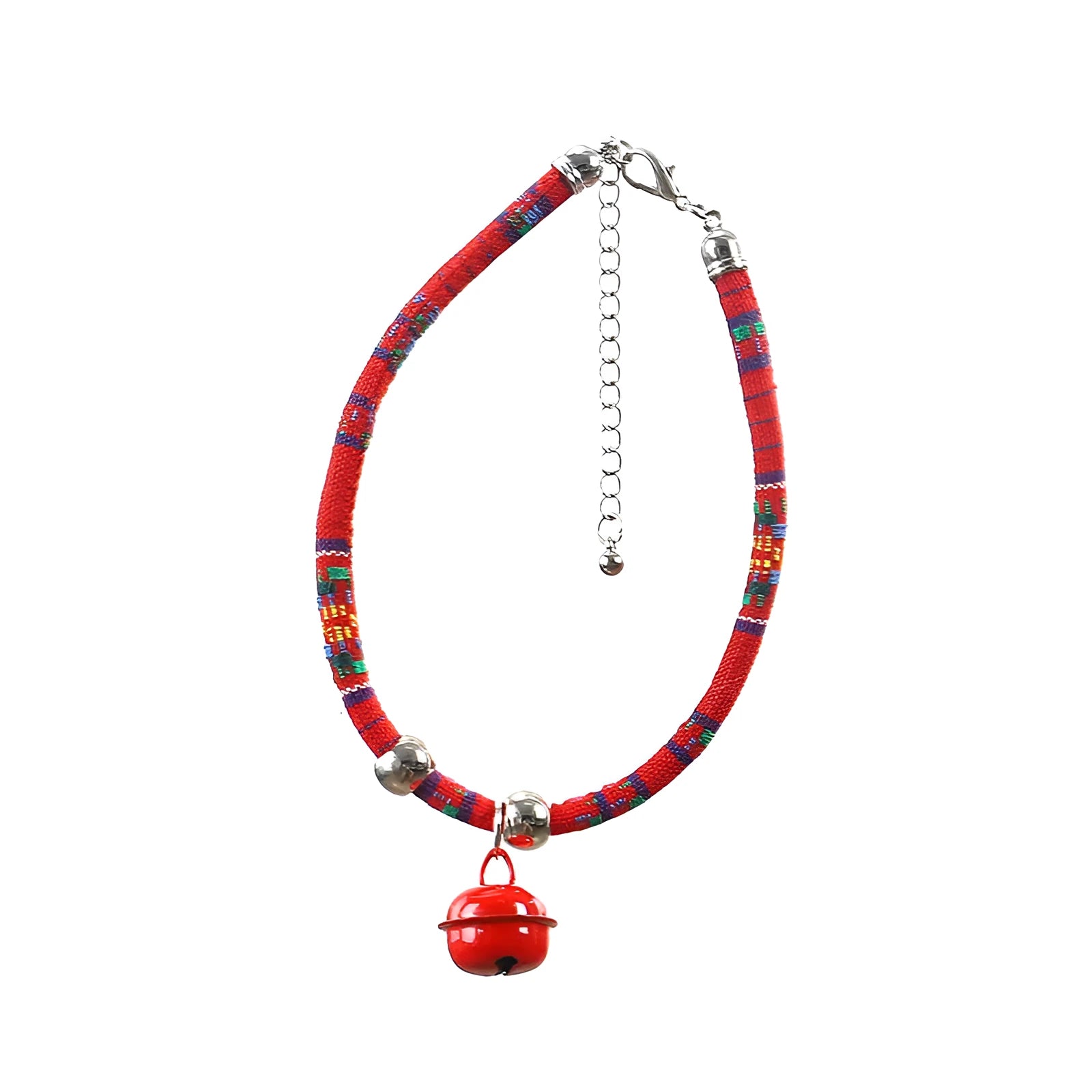 Adjustable ethnic-pattern pet collar with metal bell in blue, showing buckle and size tag.