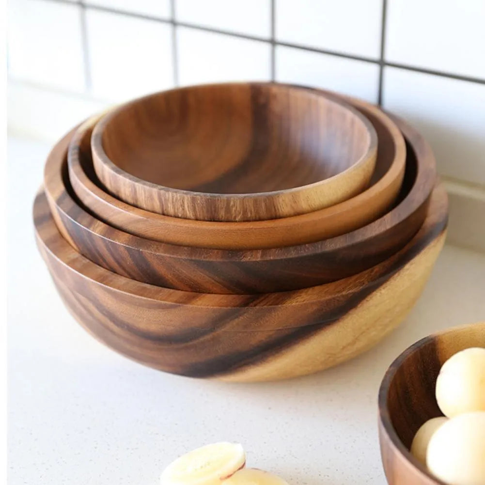 Brown wooden bowl set with natural grain, Japanese design, multiple sizes for kitchen serving
