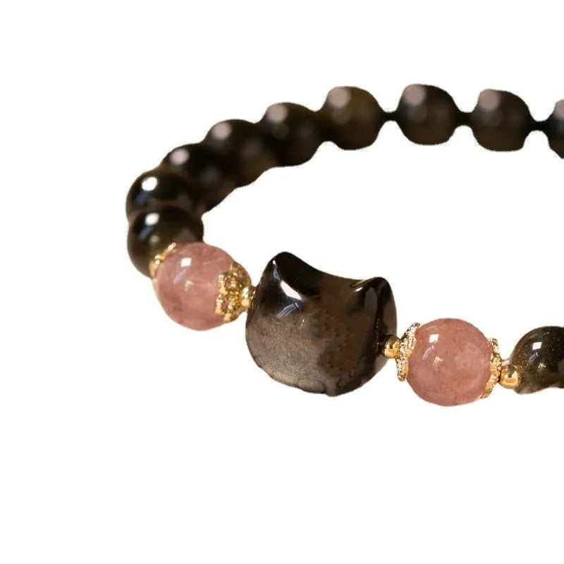 Black 8mm natural obsidian bead bracelet with silver kitty charm on elastic band