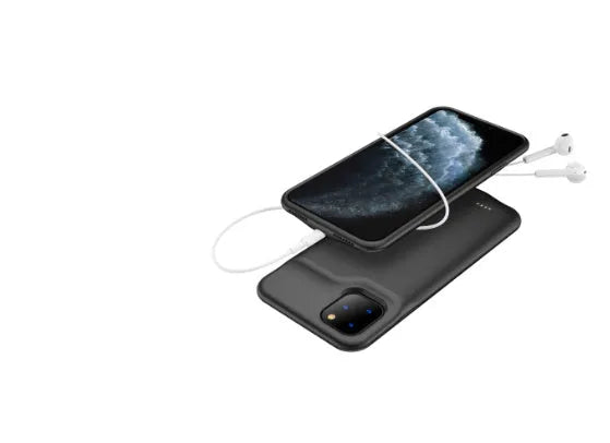 Shockproof silicone battery charger case for iPhone in black, showing integrated design.