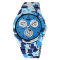 Digital watch with camouflage strap and resin lens showing time on display.