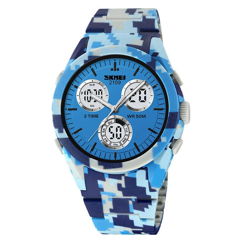Digital watch with camouflage strap and resin lens showing time on display.