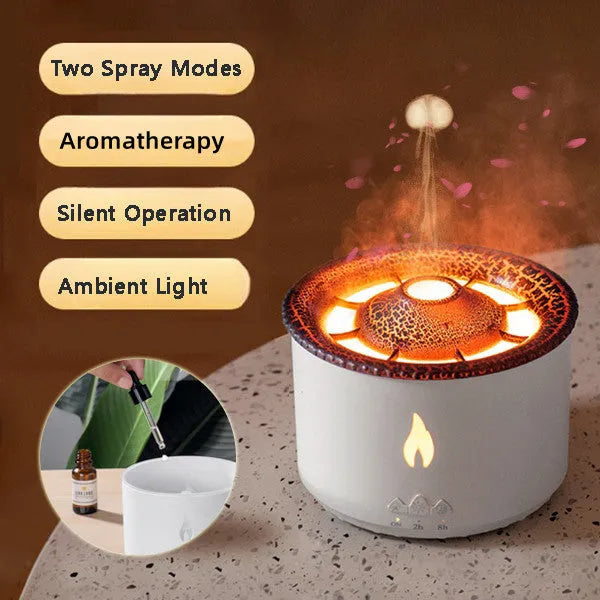 Black columnar ultrasonic essential oil humidifier diffuser with flame and jellyfish effects, 350ml, three fog outlets, 36dB quiet
