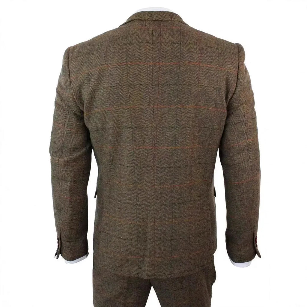 Men's brown plaid three-piece suit set with coat, vest and trousers, slim fit cotton blend, sizes XS to 6XL