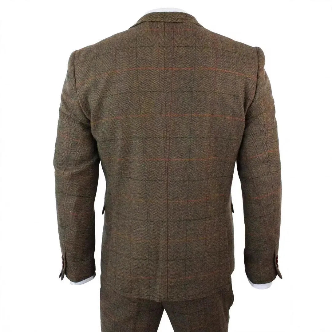 Men's brown plaid three-piece suit set with coat, vest and trousers, slim fit cotton blend, sizes XS to 6XL