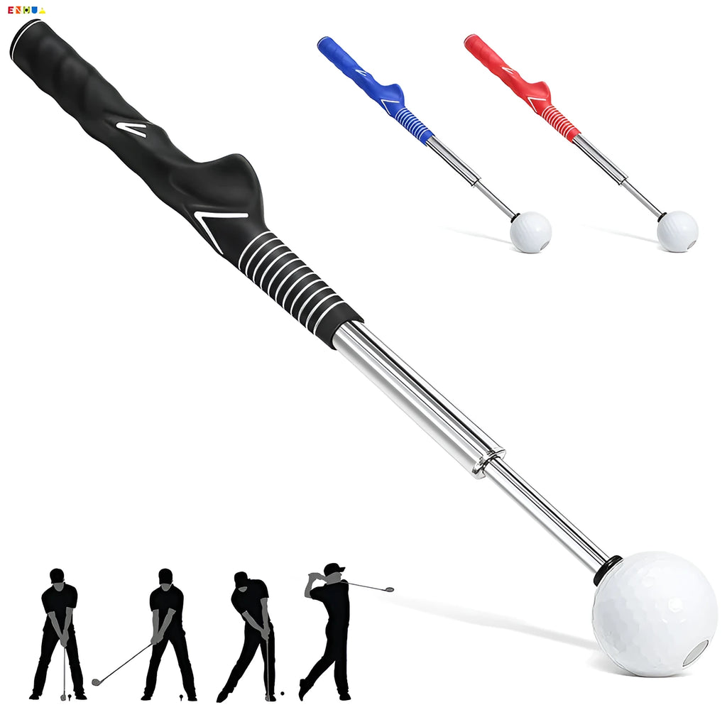 A telescopic golf swing practice trainer with a stainless steel frame, shown in an adjustable position.