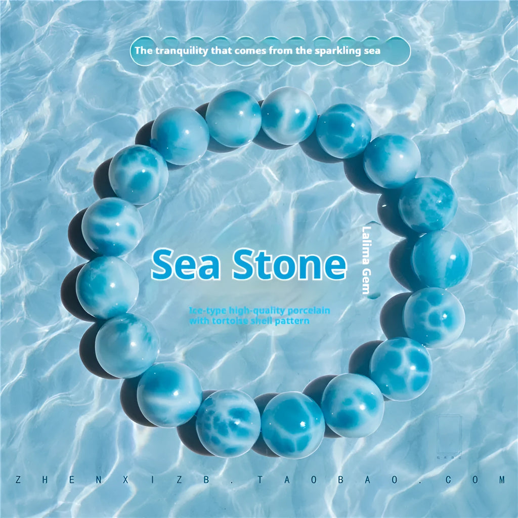 Blue manually crafted Bodhi bracelet with sea-pattern crystal stones and pearl details.