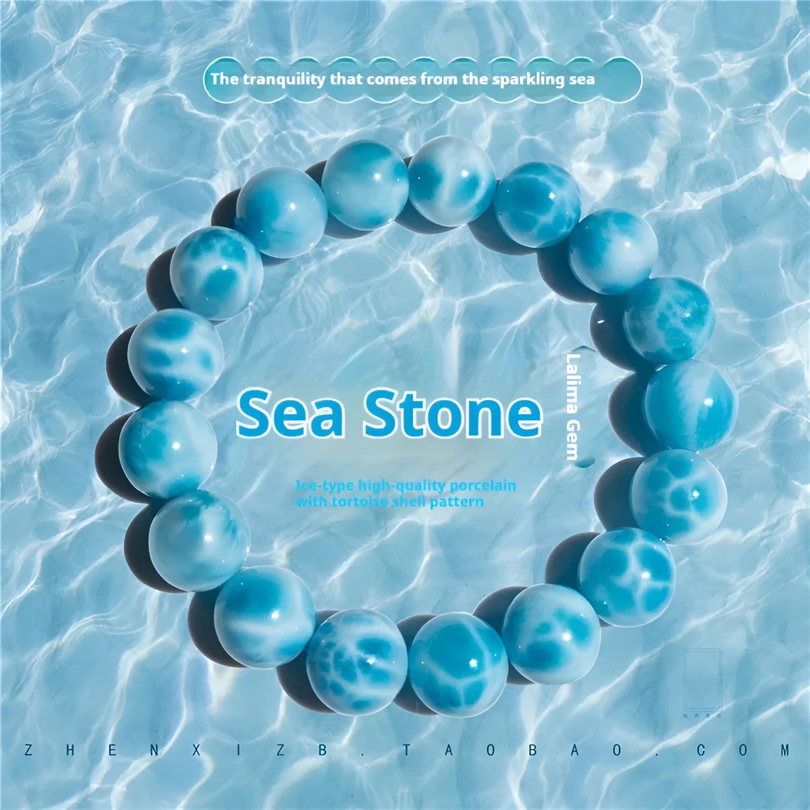 Blue manually crafted Bodhi bracelet with sea-pattern crystal stones and pearl details.