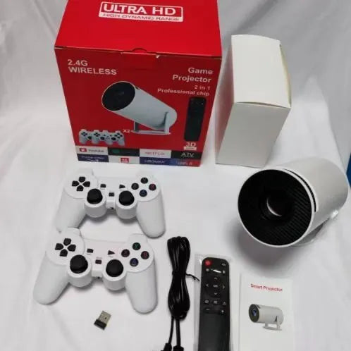 M300MAX portable projection game machine in red or white box with game handles.