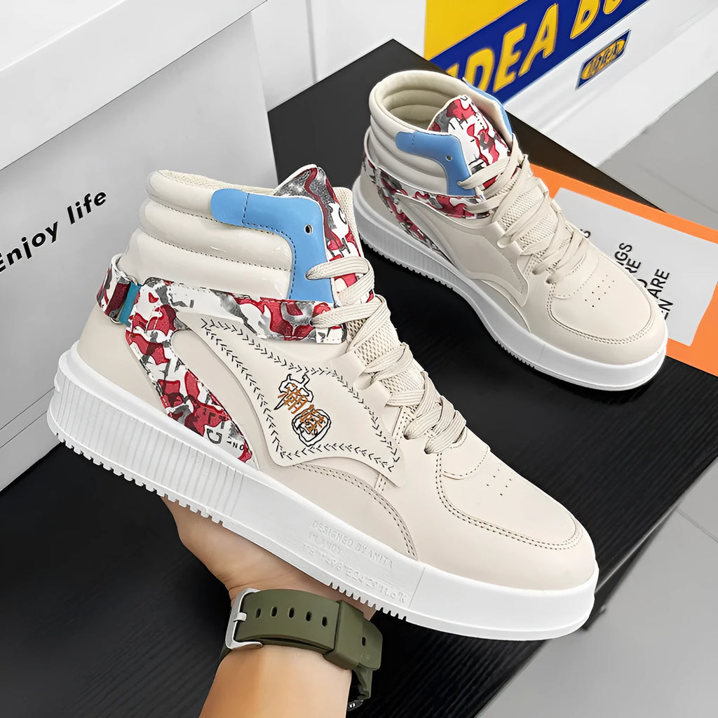 Teenagers high-top sneakers in beige with lace-up closure PU upper and rubber sole