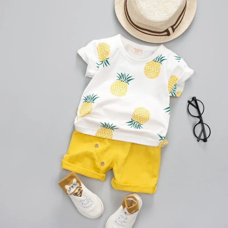 Summer kids cotton short-sleeved T-shirt and shorts two-piece suit in pineapple yellow, sizes 80-120cm