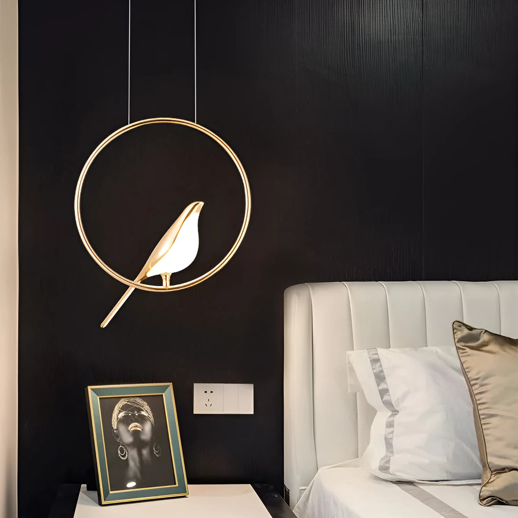 Modern minimalist chandelier with a single magpie bird design, 150cm long, made of zinc alloy and acrylic.