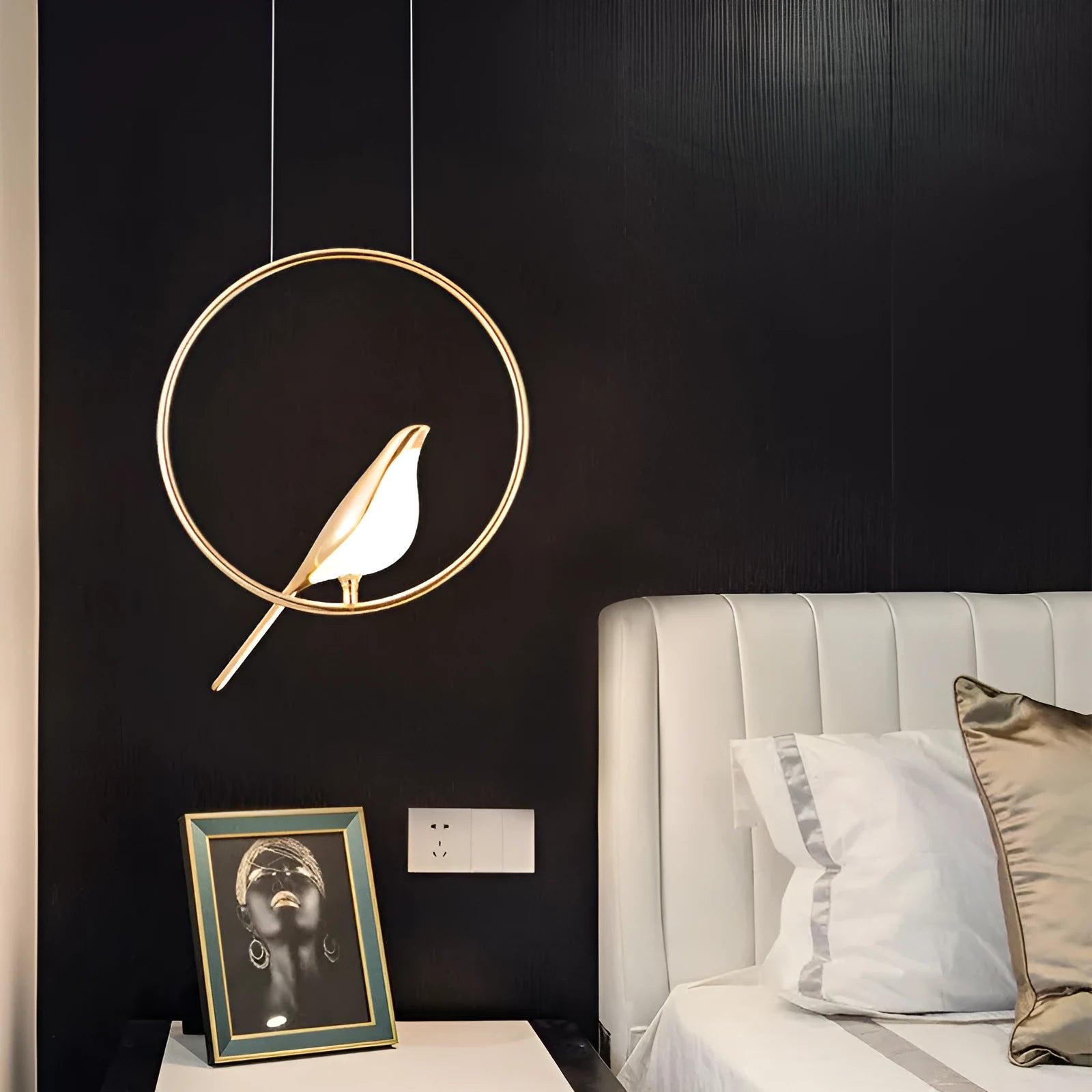 Modern minimalist chandelier with a single magpie bird design, 150cm long, made of zinc alloy and acrylic.