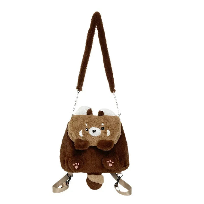 Brown coati plush backpack with polyester lining, 26cm high, 27cm wide and 10cm thick, cartoon soft bag