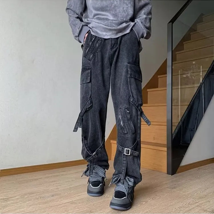 Men's loose-fit black jeans with zip and lace-up front, mid waist and long pant length