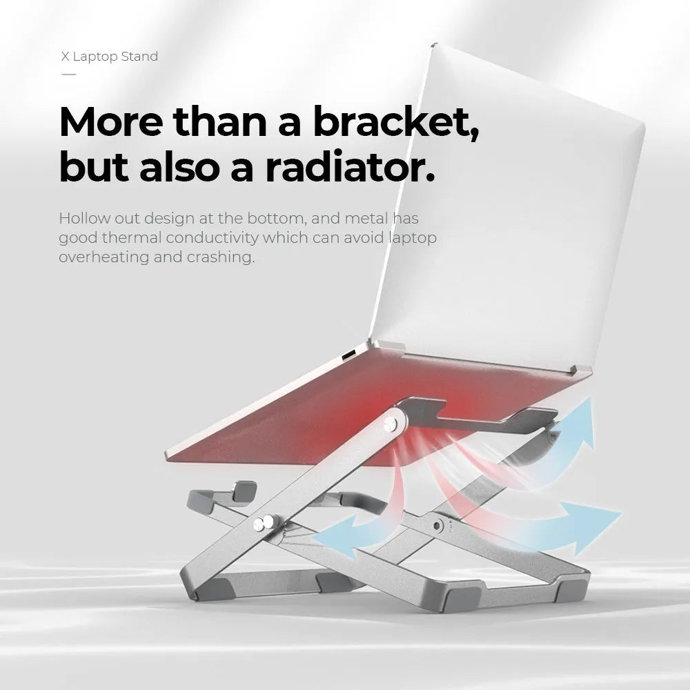 Silver grey folding aluminium alloy laptop stand with silicone pad, adjustable lifting and heat dissipation, for 11-18 inch devices