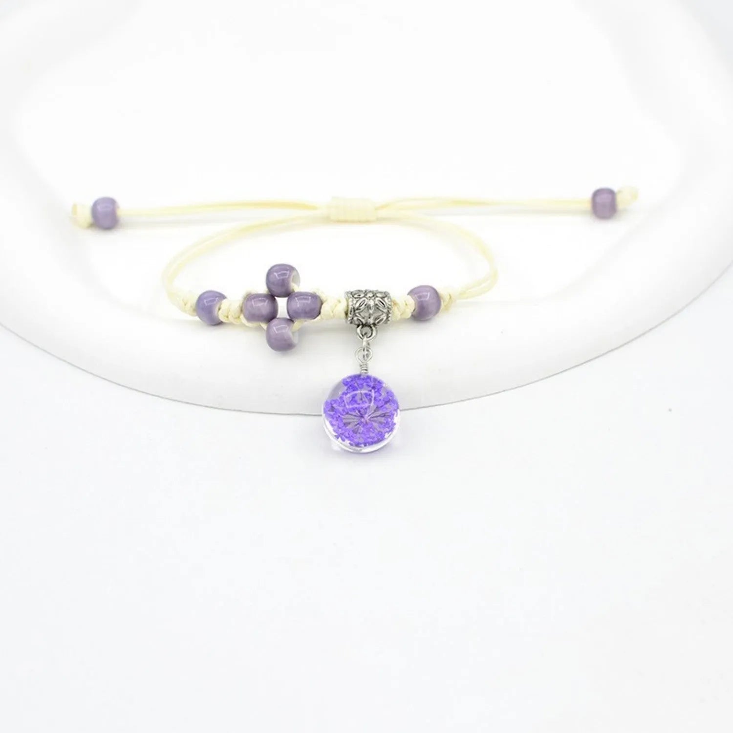 Glass dried flower bracelet with real preserved flowers and lace trim on large 1.4cm beads