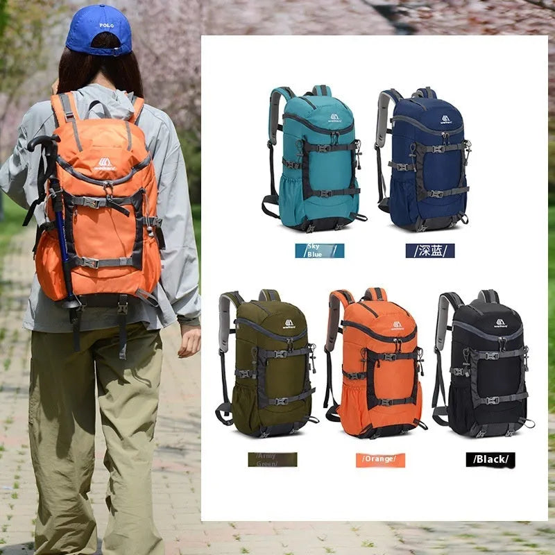 30L Oxford cloth hiking backpack in Army Green with curved shoulder straps and SOS whistle