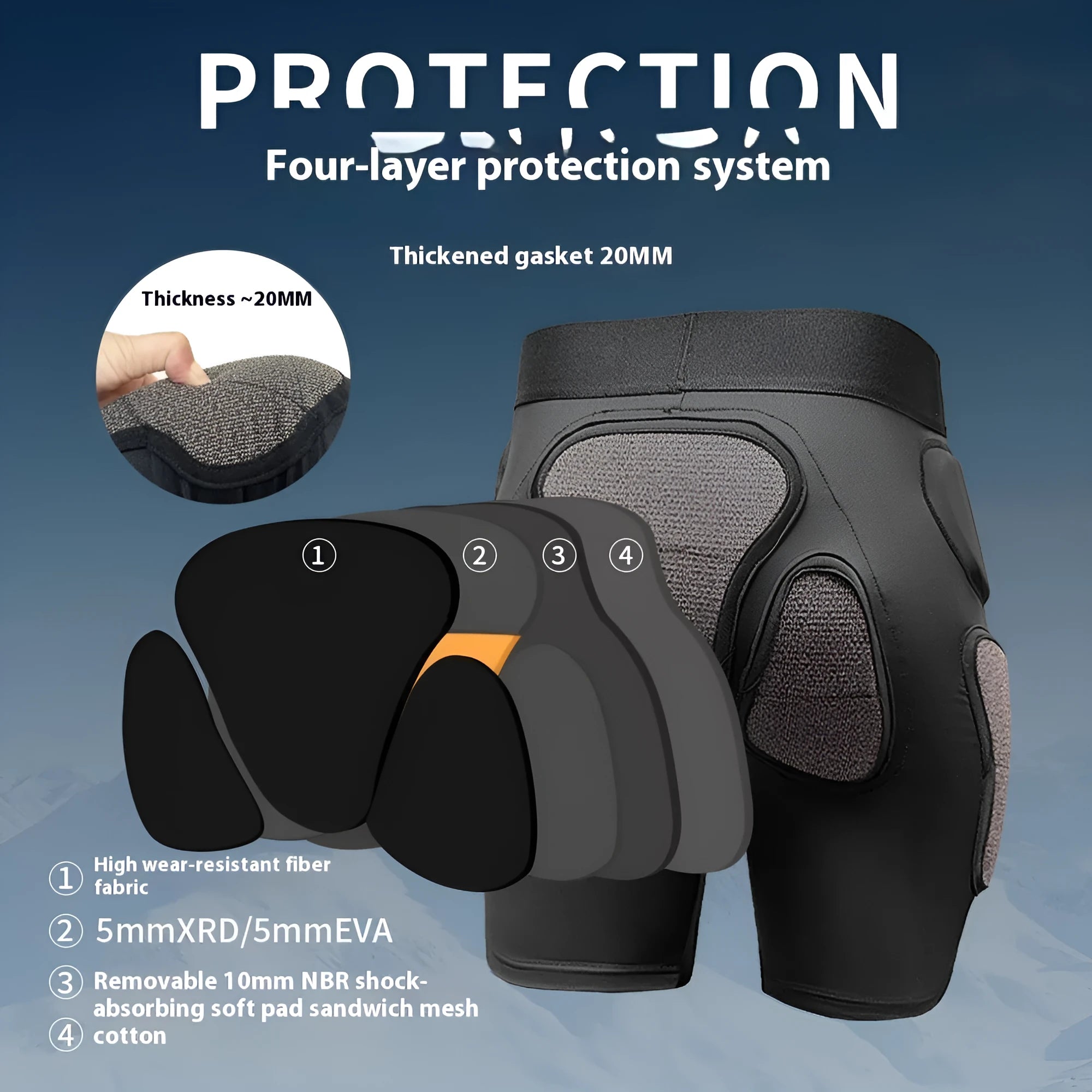 X-ray diffraction ski protective gear set showing one pair of hip pads and one pair of knee pads.
