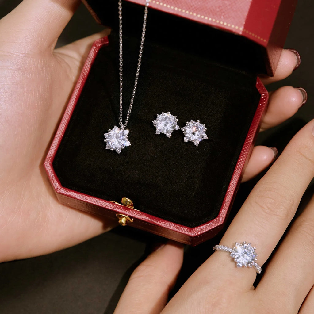 S925 sterling silver snowflake jewellery set with clavicle necklace, ring and ear studs in silver