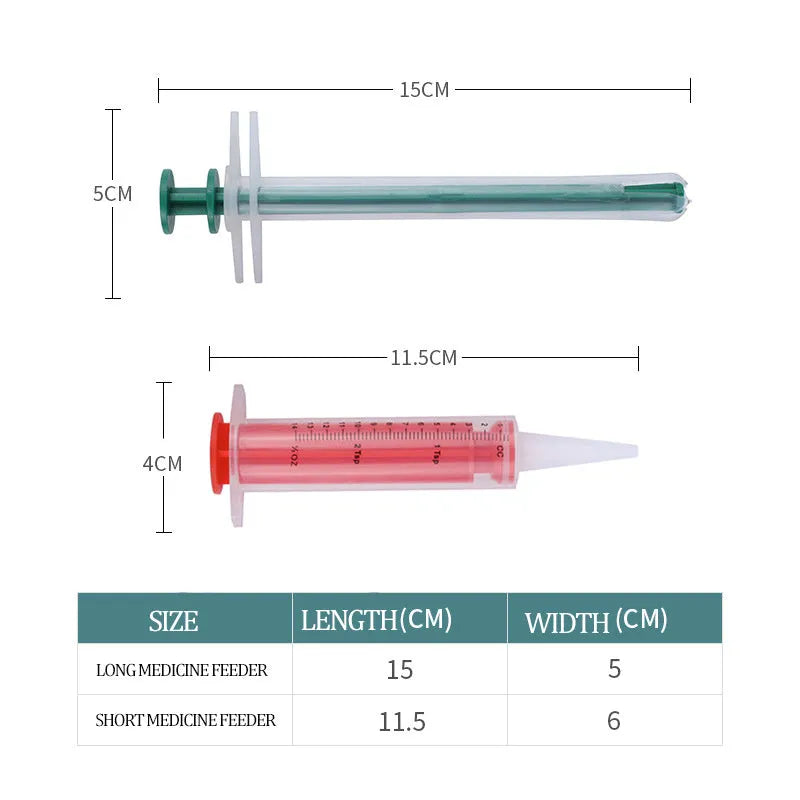 Two pet pill shooters with soft silicone tips for administering tablets to cats and dogs