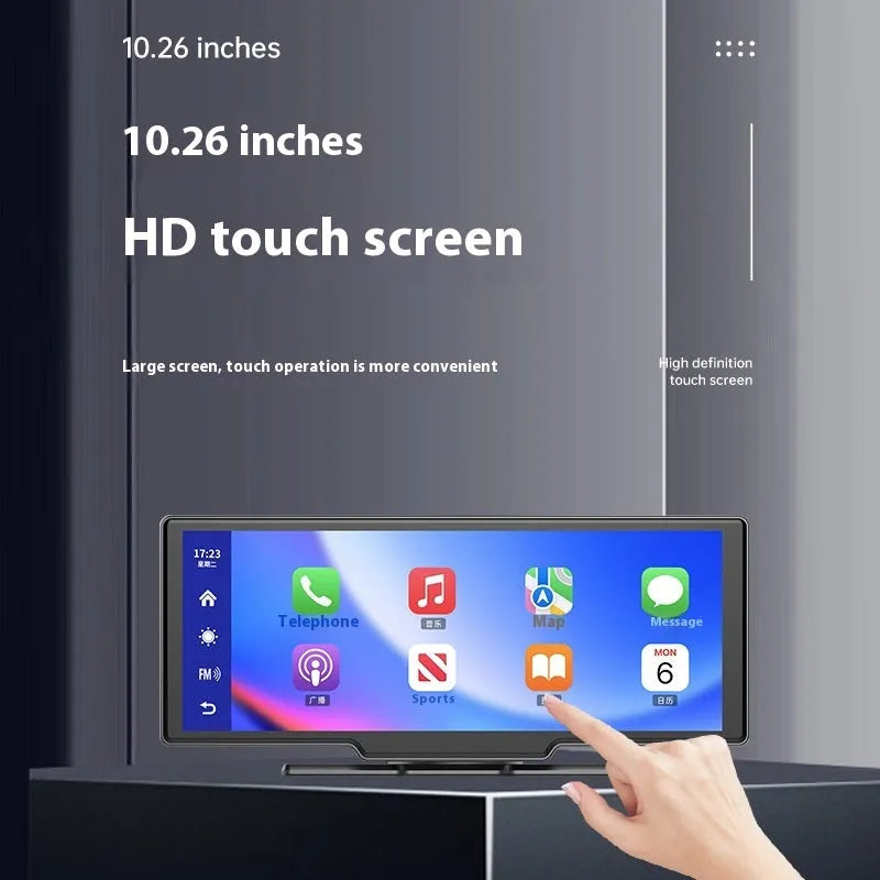 10-inch black car smart screen with CarPlay display mounted on a car dashboard, showing navigation map.